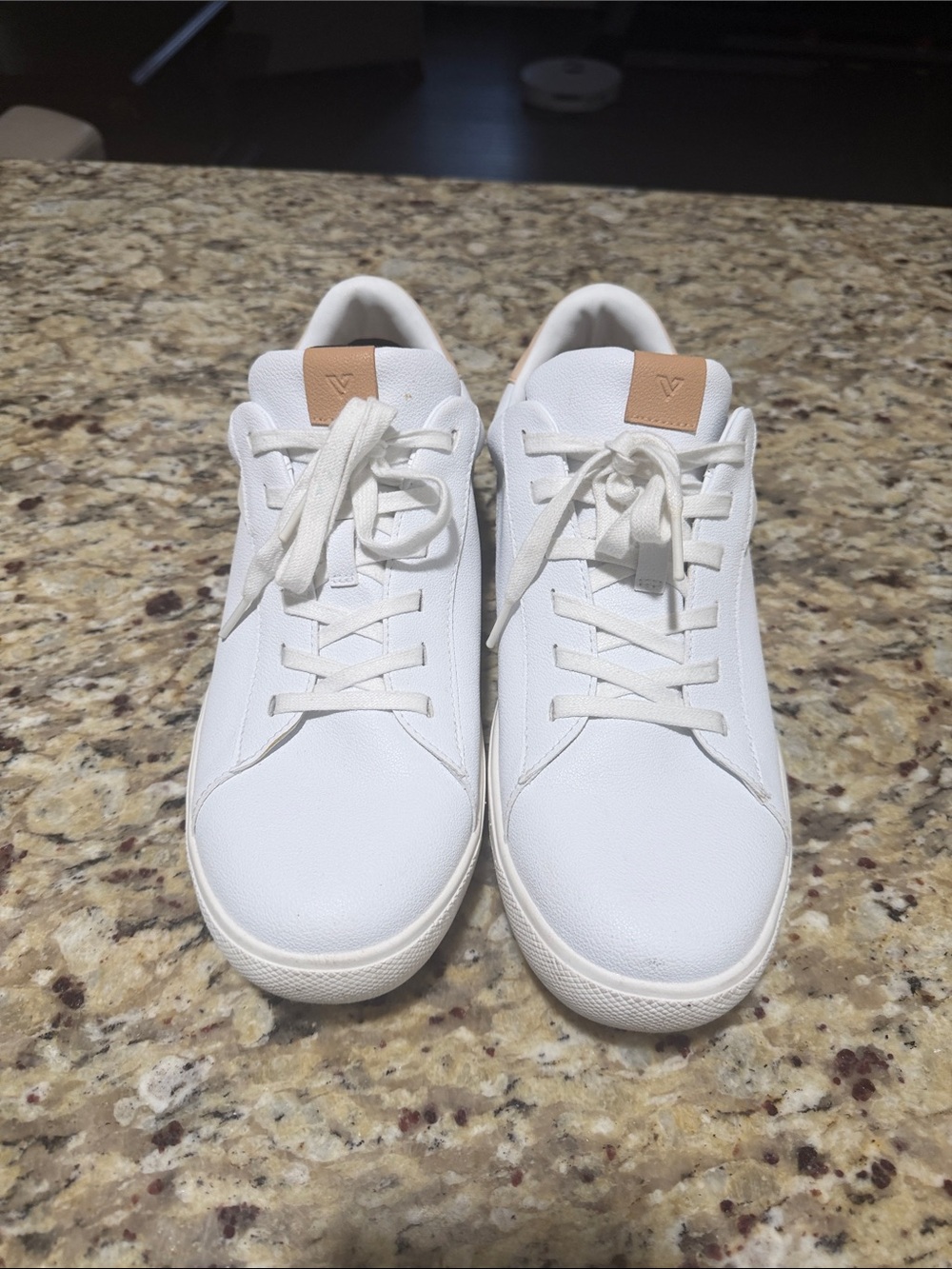 Vessi White Leather Low-Top Sneakers with Tan Heel Tab. waterproof